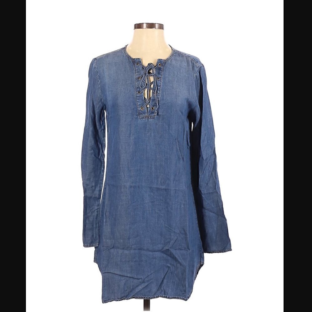 Cloth & Stone Mini Dress XS Chambray Shift Lace Up Tencel Lyocell Long Sleeve
